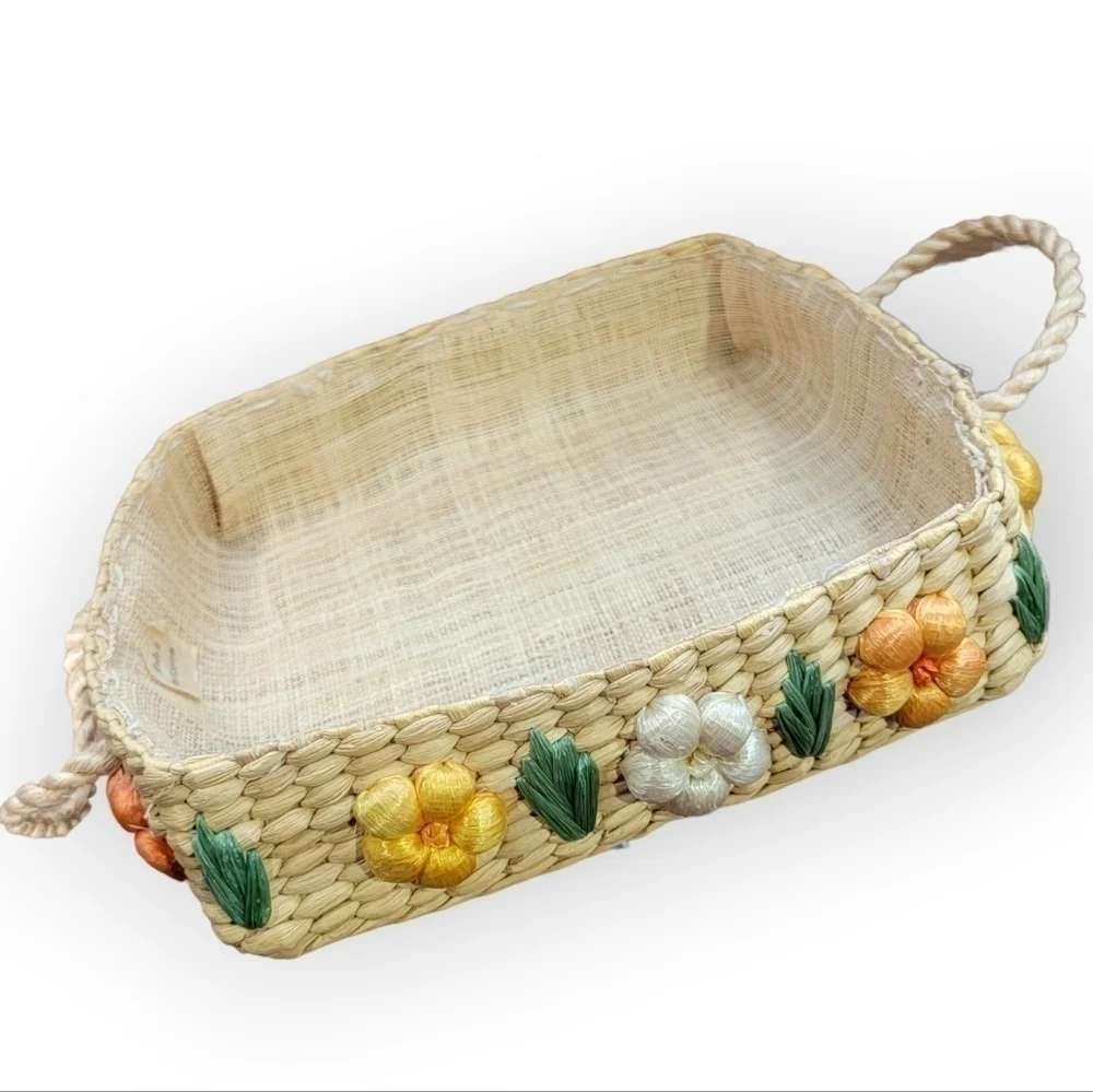 Vintage Basket with flowers and Jute Handles for serving Spring Easter Brunch